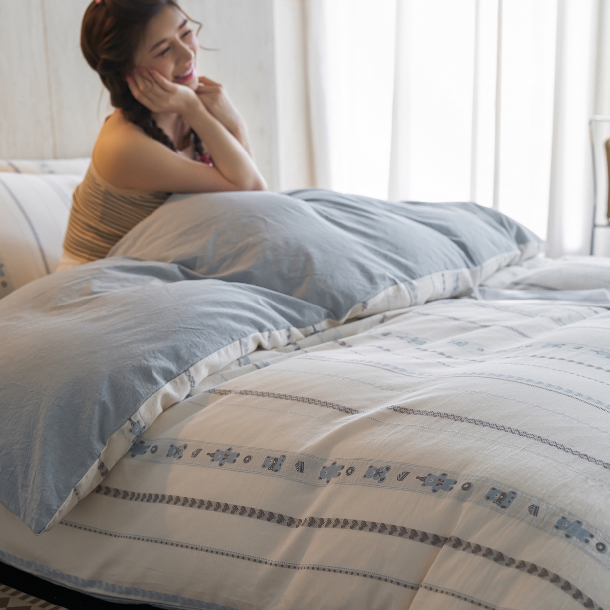 91家纺网 家纺一手货源 找家纺 如一 2026新款全棉纯棉水洗棉卡通色织大提花四件套 甜点熊-蓝灰