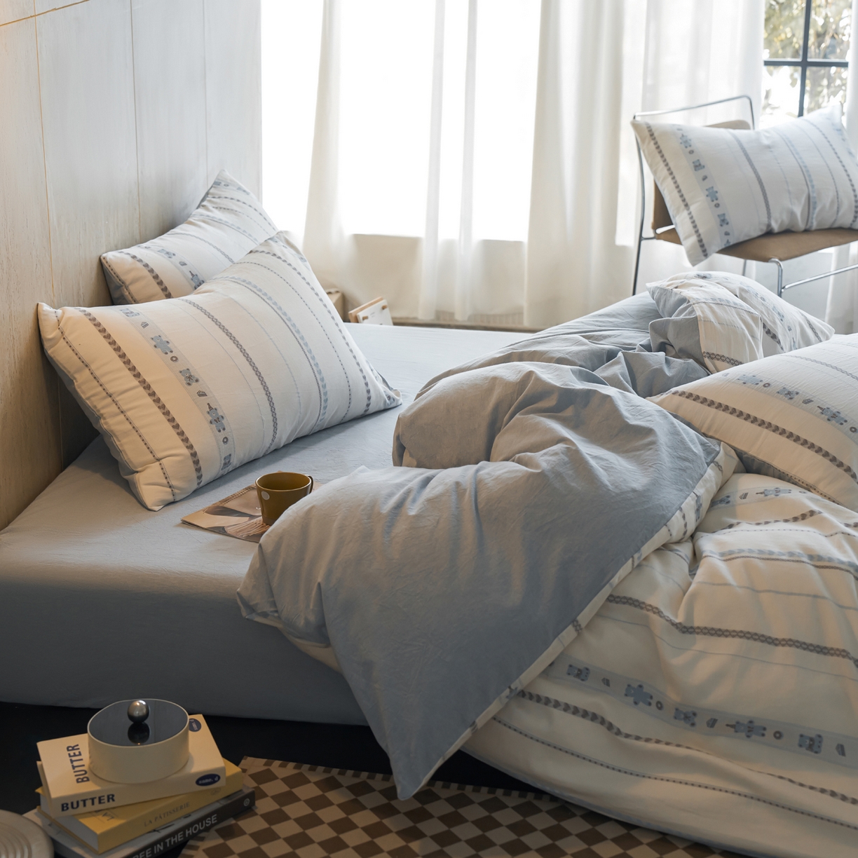 91家纺网 家纺一手货源 找家纺 如一 2026新款全棉纯棉水洗棉卡通色织大提花四件套 甜点熊-蓝灰