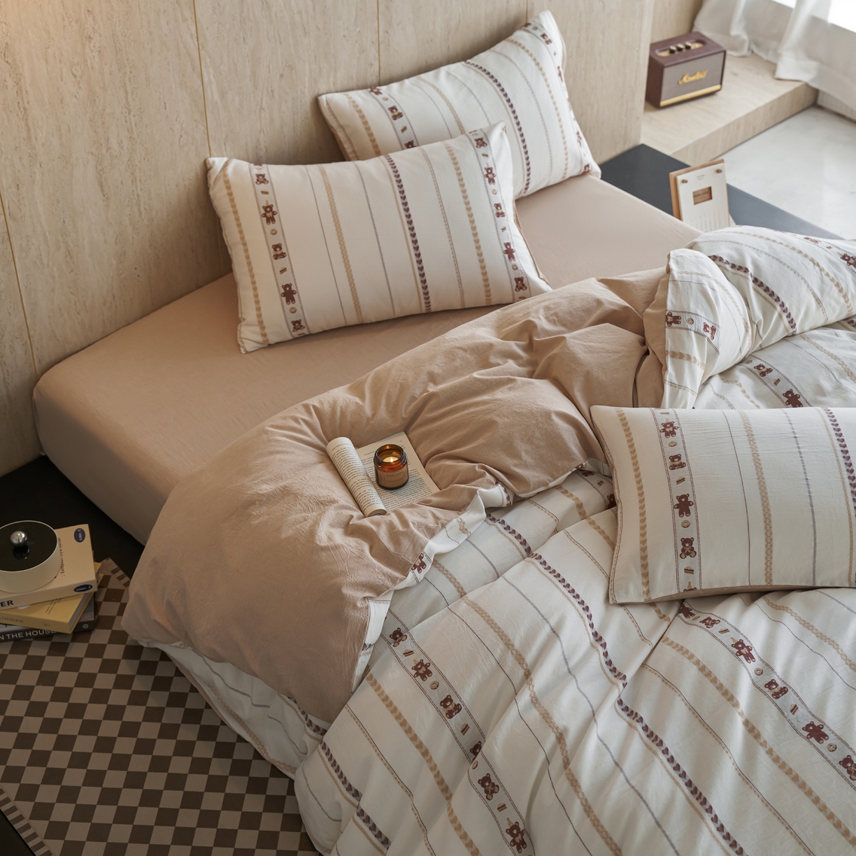 如一 2026新款全棉纯棉水洗棉卡通色织大提花四件套 甜点熊-杏咖