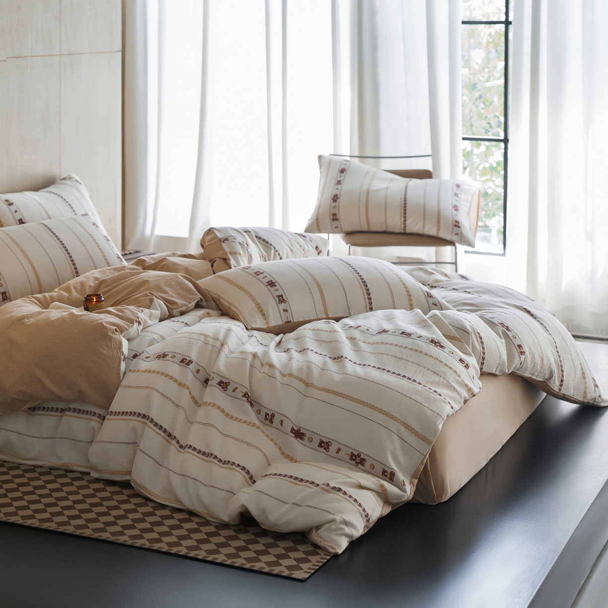 91家纺网 家纺一手货源 找家纺 如一 2026新款全棉纯棉水洗棉卡通色织大提花四件套 甜点熊-杏咖