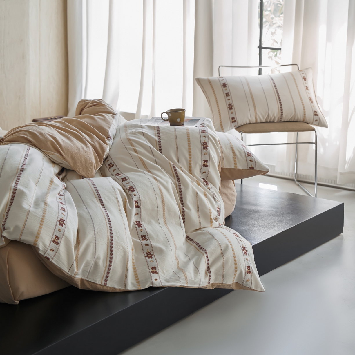 91家纺网 家纺一手货源 找家纺 如一 2026新款全棉纯棉水洗棉卡通色织大提花四件套 甜点熊-杏咖