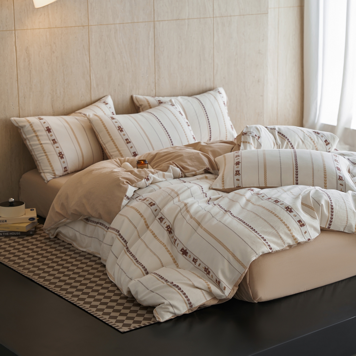 91家纺网 家纺一手货源 找家纺 如一 2026新款全棉纯棉水洗棉卡通色织大提花四件套 甜点熊-杏咖