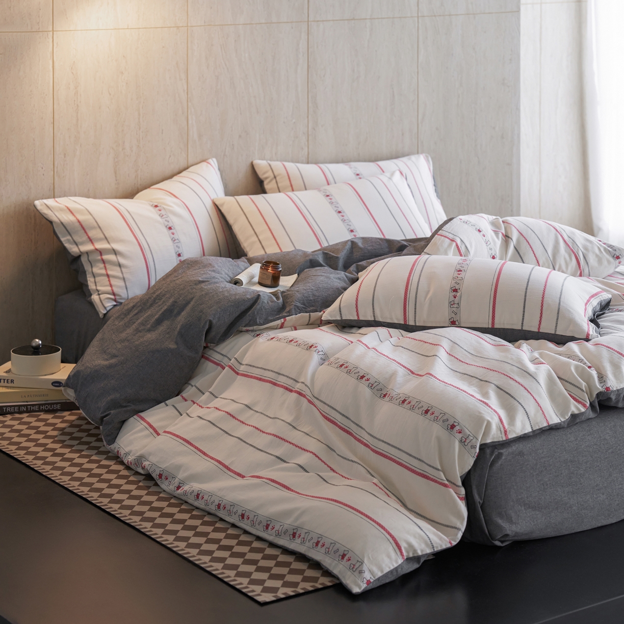 91家纺网 家纺一手货源 找家纺 如一 2026新款全棉纯棉水洗棉卡通色织大提花四件套 雪纳瑞-黑红