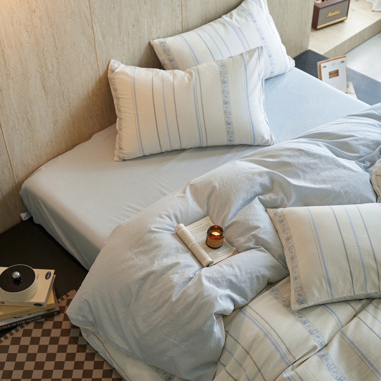 如一 2026新款全棉纯棉水洗棉卡通色织大提花四件套 雪纳瑞-蓝灰