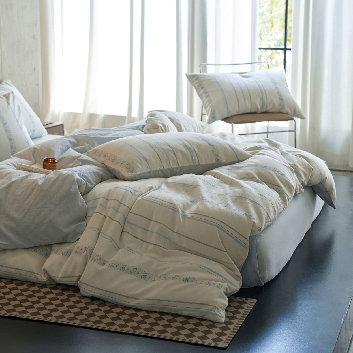 91家纺网 家纺一手货源 找家纺 如一 2026新款全棉纯棉水洗棉卡通色织大提花四件套 雪纳瑞-蓝灰