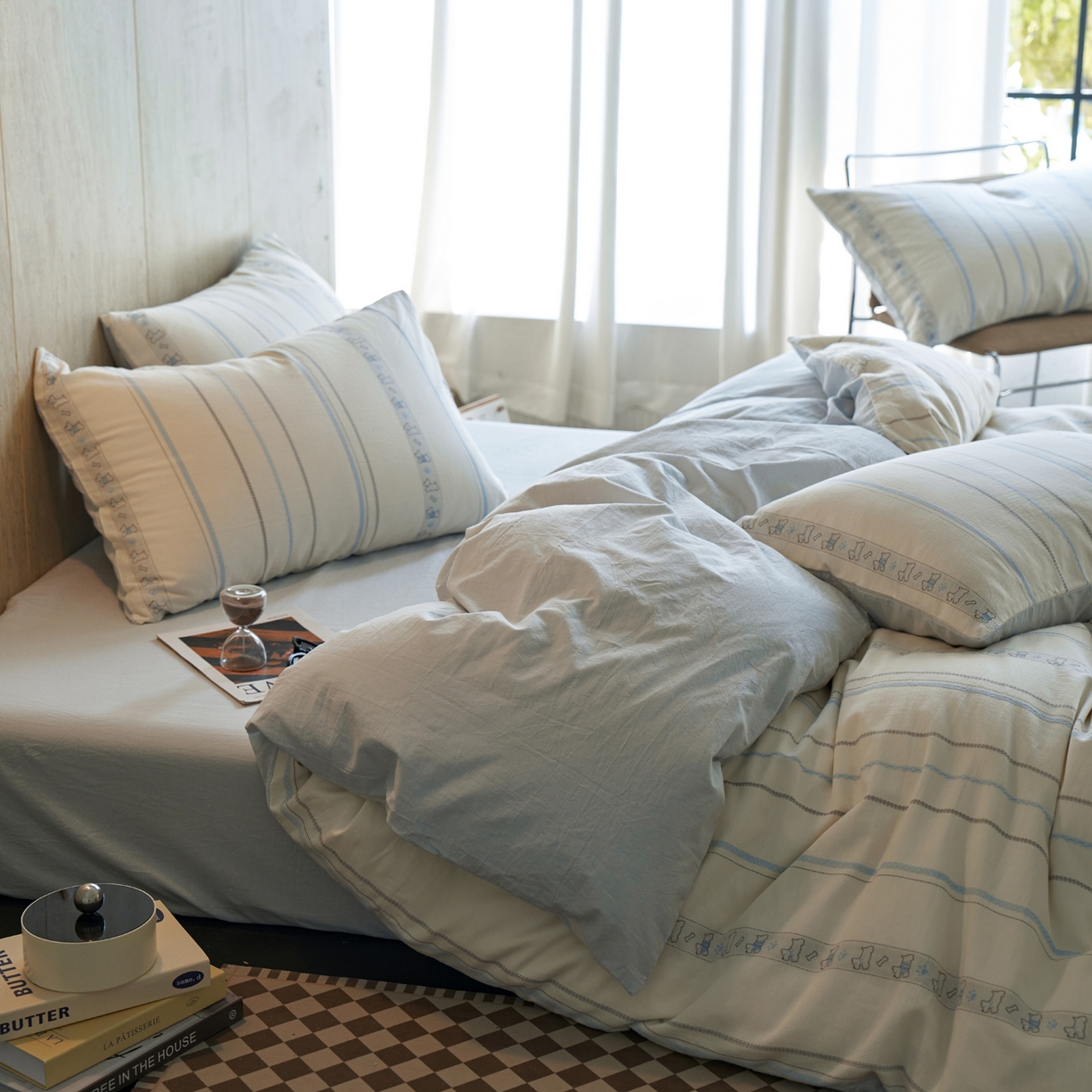 91家纺网 家纺一手货源 找家纺 如一 2026新款全棉纯棉水洗棉卡通色织大提花四件套 雪纳瑞-蓝灰