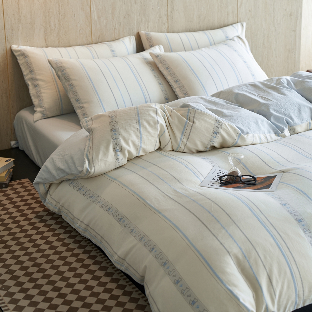 91家纺网 家纺一手货源 找家纺 如一 2026新款全棉纯棉水洗棉卡通色织大提花四件套 雪纳瑞-蓝灰