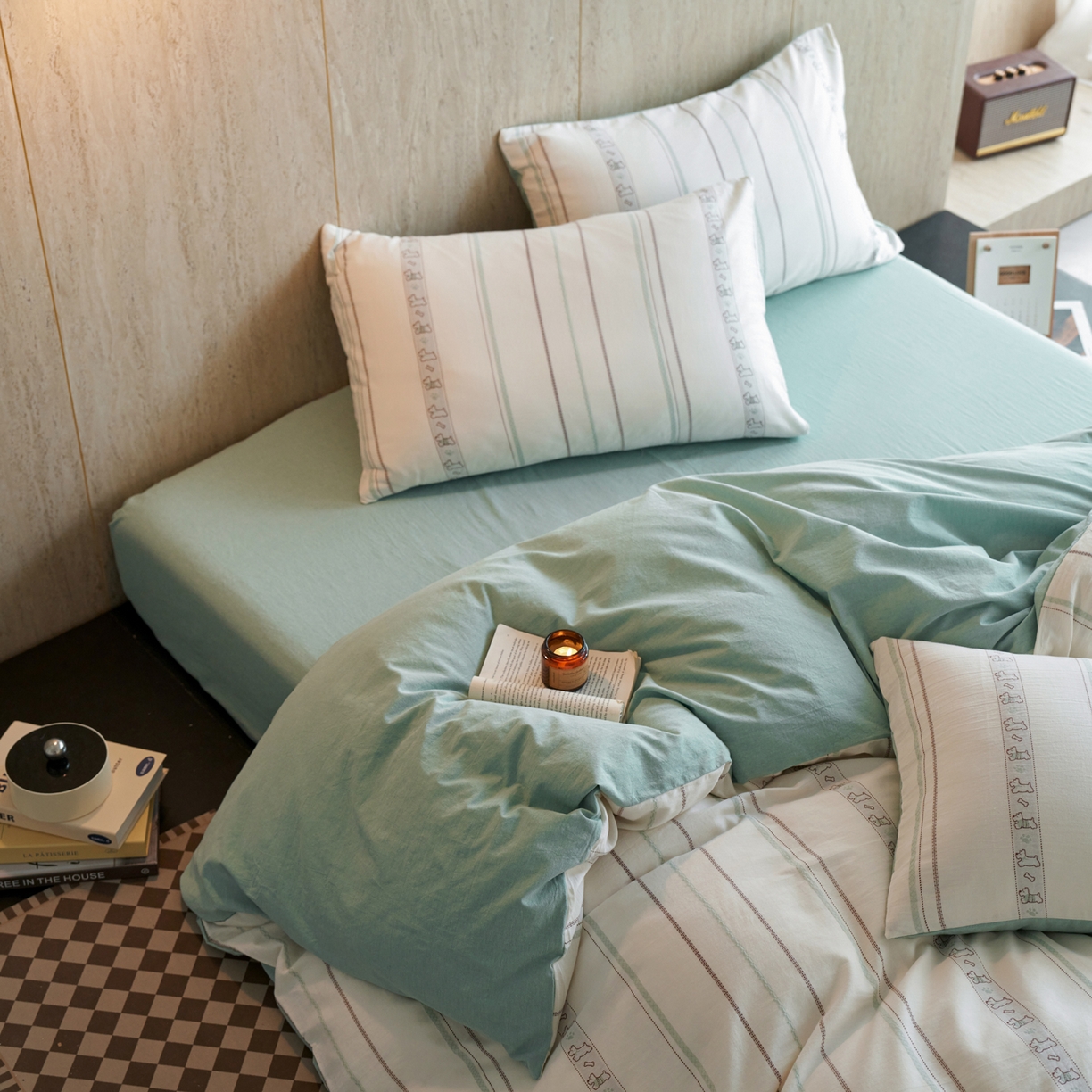 如一 2026新款全棉纯棉水洗棉卡通色织大提花四件套 雪纳瑞-绿咖