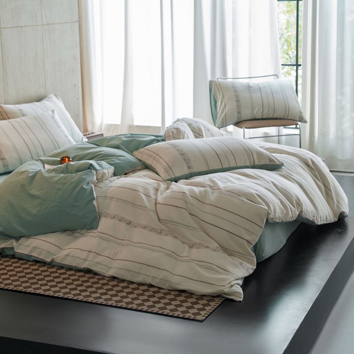 91家纺网 家纺一手货源 找家纺 如一 2026新款全棉纯棉水洗棉卡通色织大提花四件套 雪纳瑞-绿咖