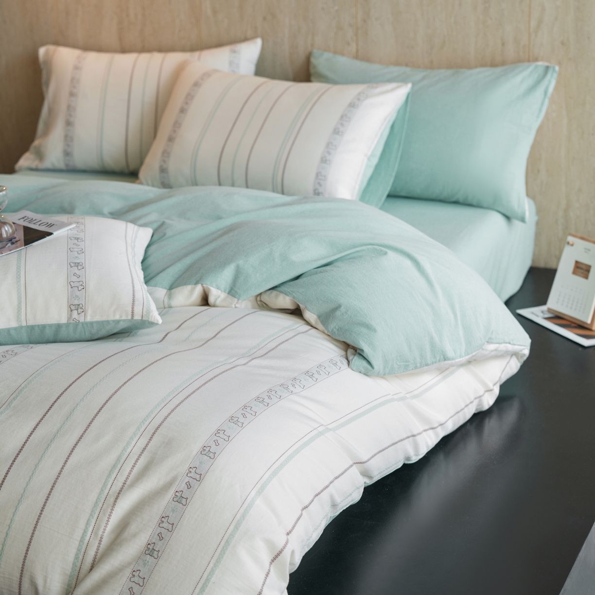 91家纺网 家纺一手货源 找家纺 如一 2026新款全棉纯棉水洗棉卡通色织大提花四件套 雪纳瑞-绿咖