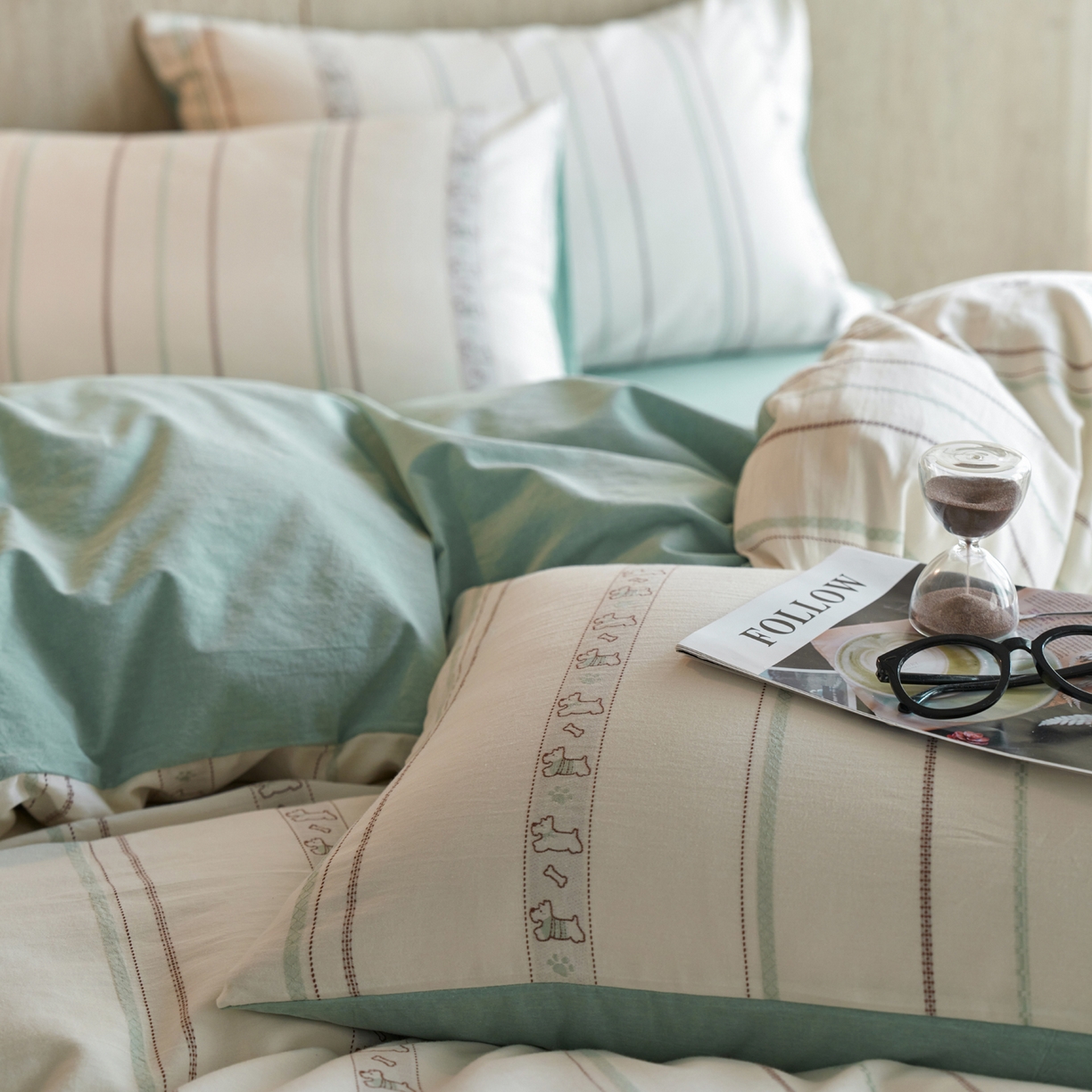 91家纺网 家纺一手货源 找家纺 如一 2026新款全棉纯棉水洗棉卡通色织大提花四件套 雪纳瑞-绿咖