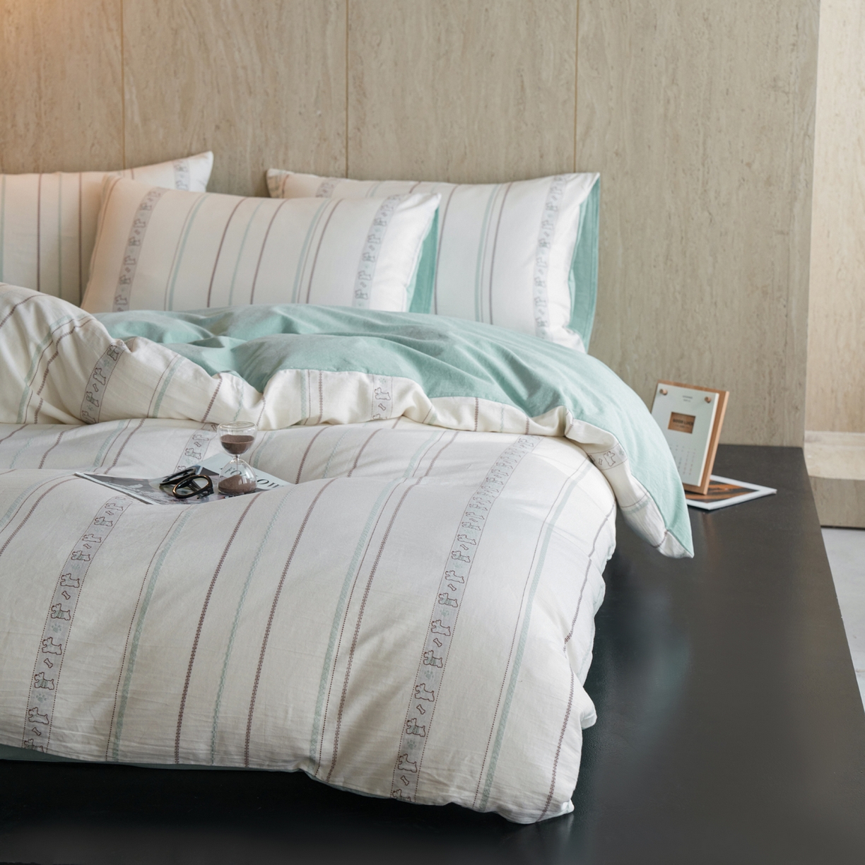 91家纺网 家纺一手货源 找家纺 如一 2026新款全棉纯棉水洗棉卡通色织大提花四件套 雪纳瑞-绿咖