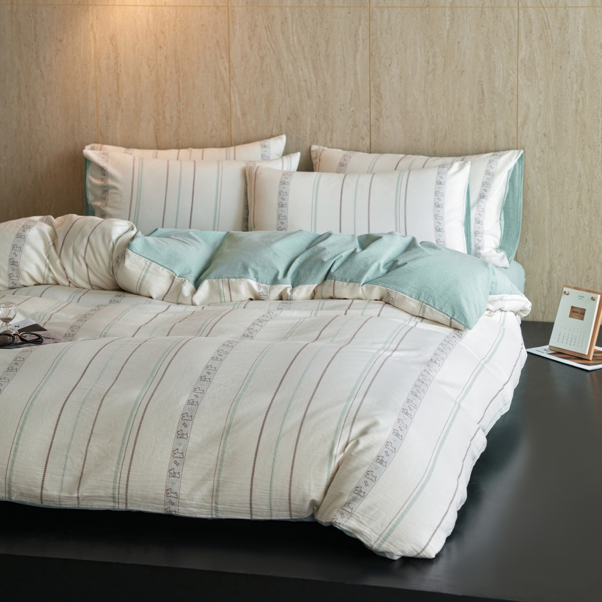 91家纺网 家纺一手货源 找家纺 如一 2026新款全棉纯棉水洗棉卡通色织大提花四件套 雪纳瑞-绿咖