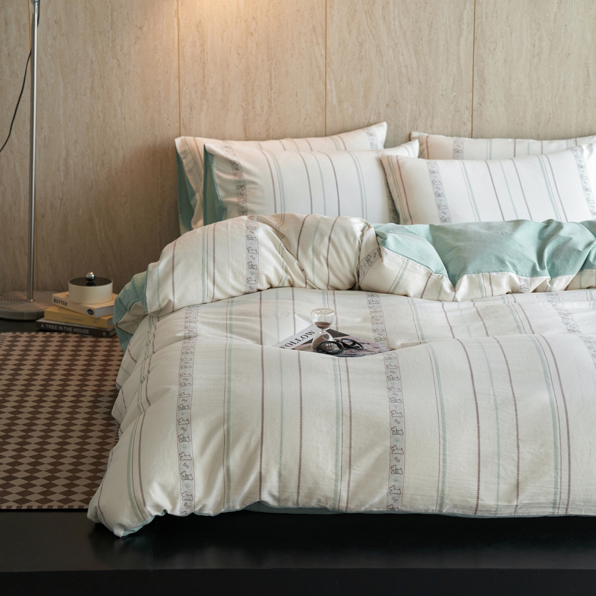 91家纺网 家纺一手货源 找家纺 如一 2026新款全棉纯棉水洗棉卡通色织大提花四件套 雪纳瑞-绿咖