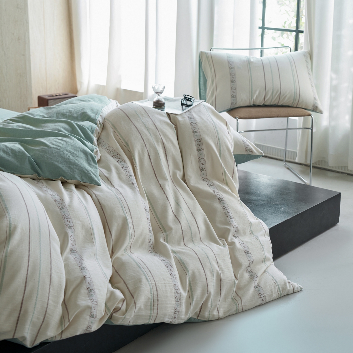 91家纺网 家纺一手货源 找家纺 如一 2026新款全棉纯棉水洗棉卡通色织大提花四件套 雪纳瑞-绿咖