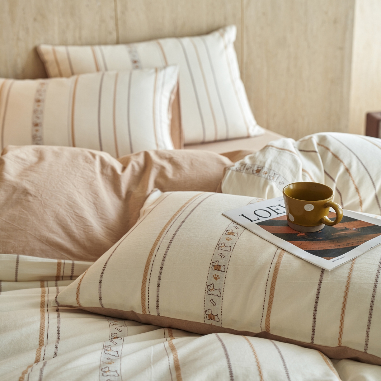 91家纺网 家纺一手货源 找家纺 如一 2026新款全棉纯棉水洗棉卡通色织大提花四件套 雪纳瑞-杏咖