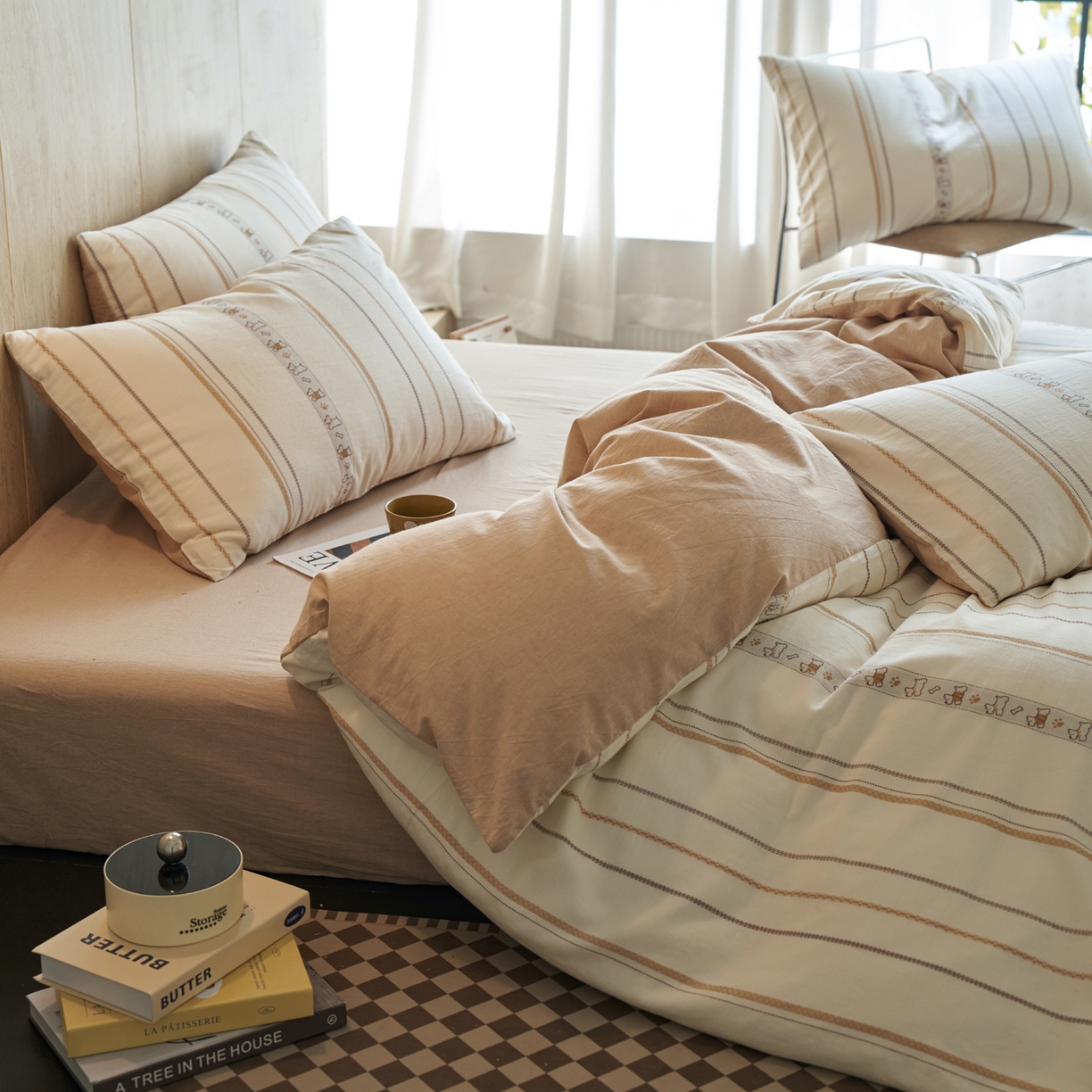 91家纺网 家纺一手货源 找家纺 如一 2026新款全棉纯棉水洗棉卡通色织大提花四件套 雪纳瑞-杏咖