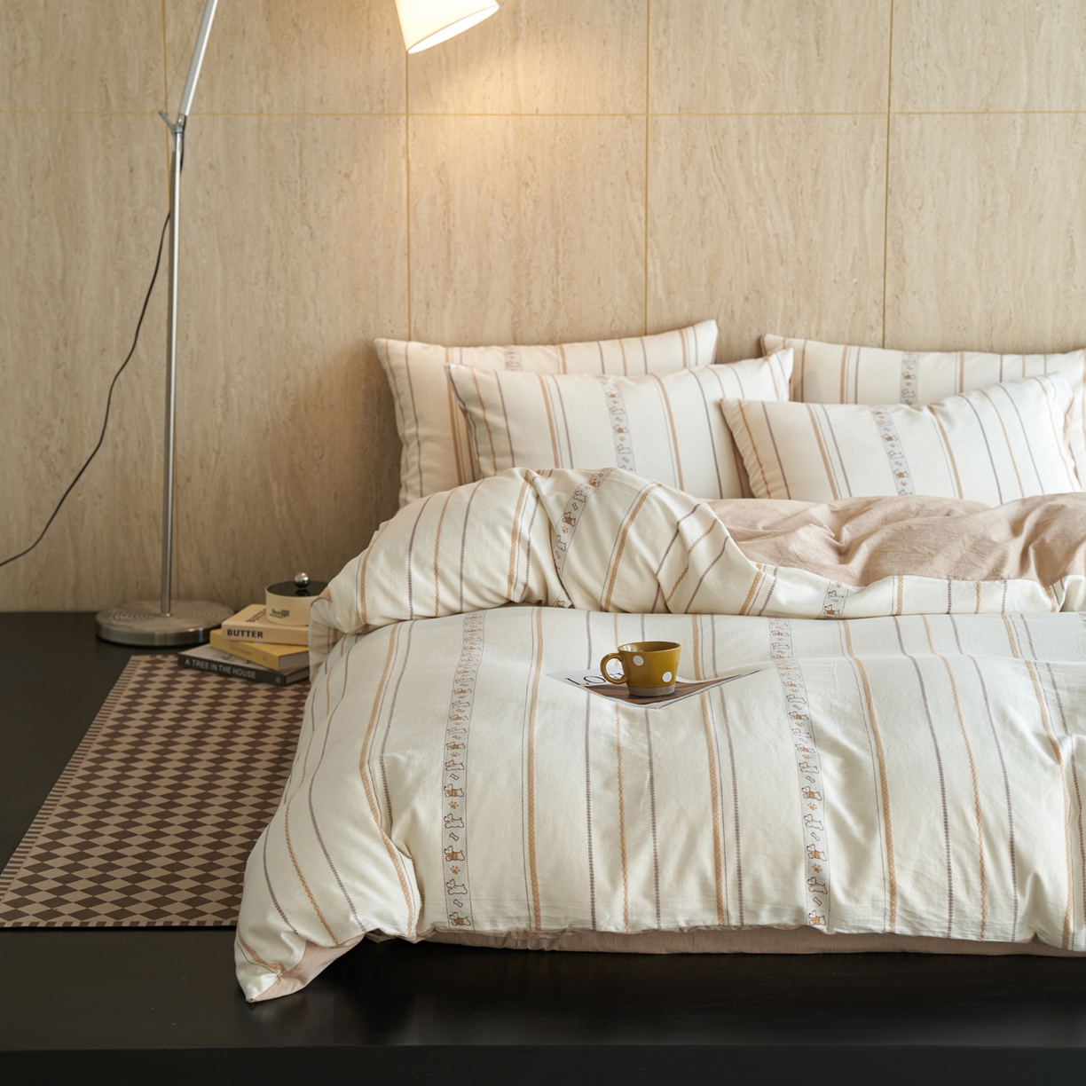 91家纺网 家纺一手货源 找家纺 如一 2026新款全棉纯棉水洗棉卡通色织大提花四件套 雪纳瑞-杏咖