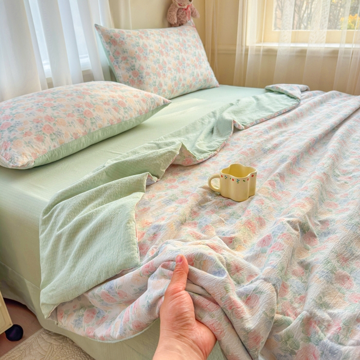 91家纺网 家纺一手货源 找家纺 梵希雅 2026新款A类木棉皱皱纱夏被 薄荷奶绿