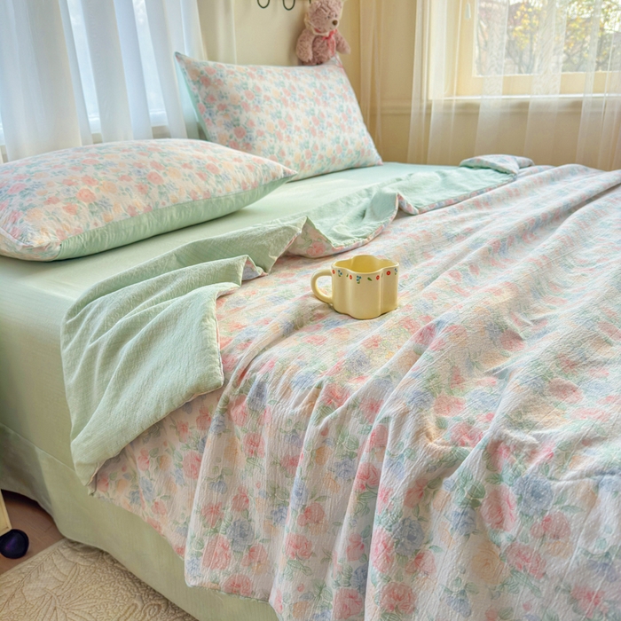 91家纺网 家纺一手货源 找家纺 梵希雅 2026新款A类木棉皱皱纱夏被 薄荷奶绿