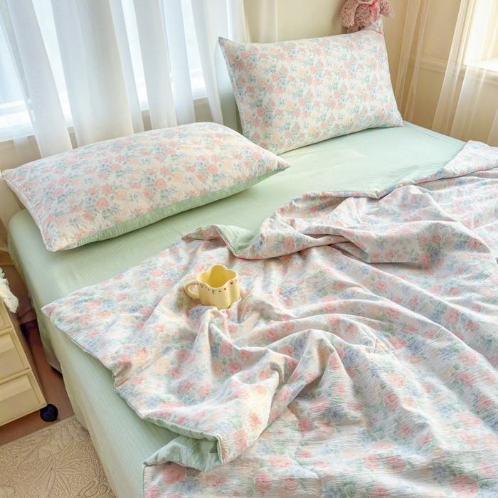 91家纺网 家纺一手货源 找家纺 梵希雅 2026新款A类木棉皱皱纱夏被 薄荷奶绿