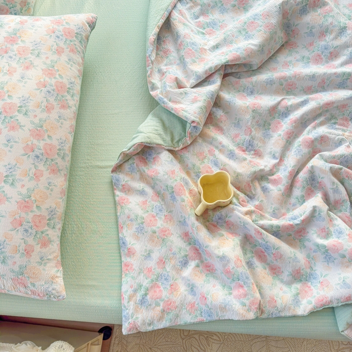 91家纺网 家纺一手货源 找家纺 梵希雅 2026新款A类木棉皱皱纱夏被 薄荷奶绿