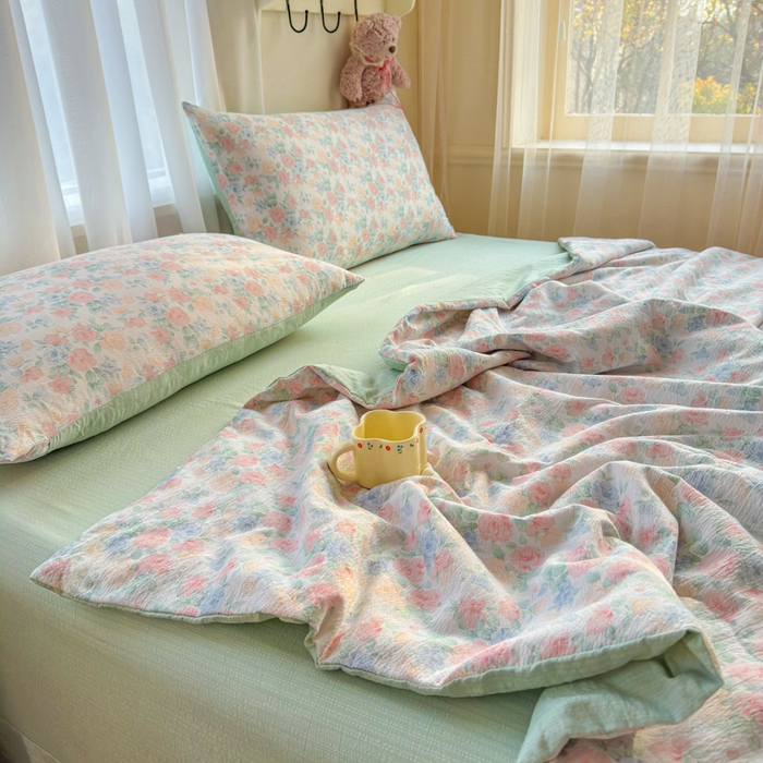 91家纺网 家纺一手货源 找家纺 梵希雅 2026新款A类木棉皱皱纱夏被 薄荷奶绿