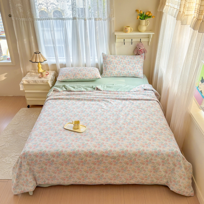 91家纺网 家纺一手货源 找家纺 梵希雅 2026新款A类木棉皱皱纱夏被 薄荷奶绿