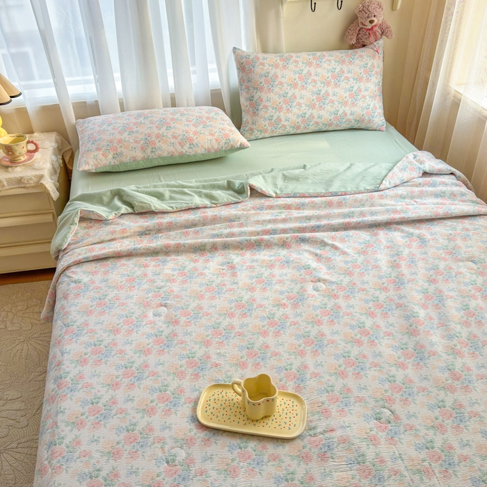 91家纺网 家纺一手货源 找家纺 梵希雅 2026新款A类木棉皱皱纱夏被 薄荷奶绿