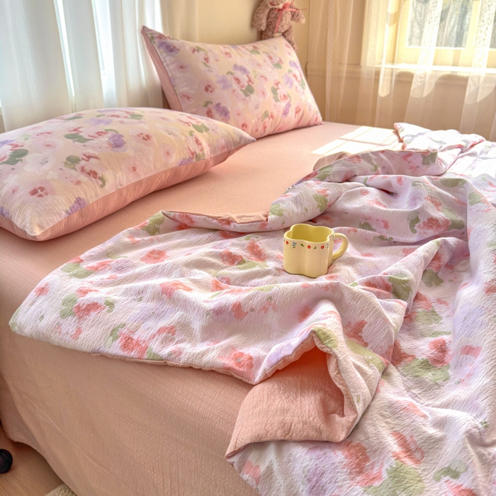 91家纺网 家纺一手货源 找家纺 梵希雅 2026新款A类木棉皱皱纱夏被 蜜桃花田