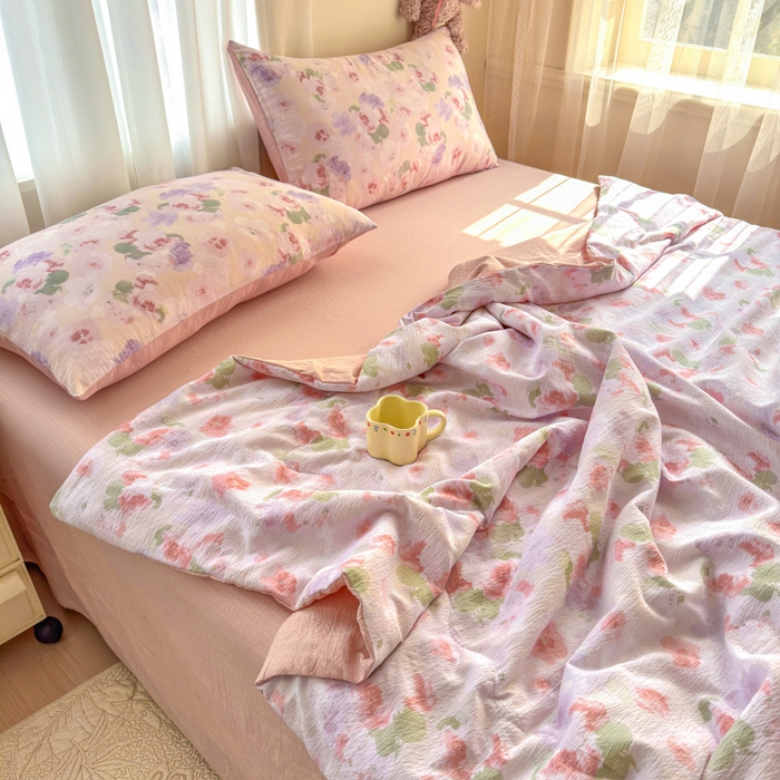 91家纺网 家纺一手货源 找家纺 梵希雅 2026新款A类木棉皱皱纱夏被 蜜桃花田