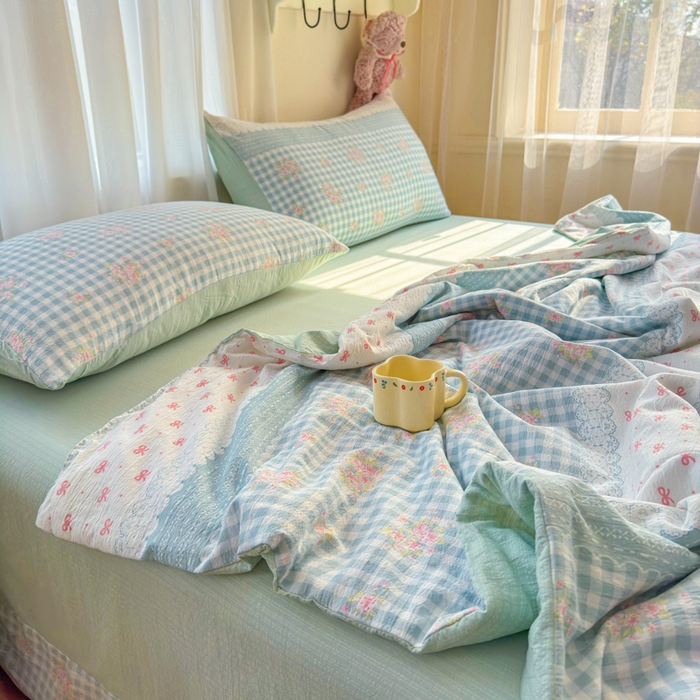 91家纺网 家纺一手货源 找家纺 梵希雅 2026新款A类木棉皱皱纱夏被 青格花信