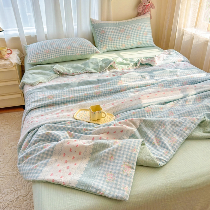 梵希雅 2026新款A类木棉皱皱纱夏被 青格花信