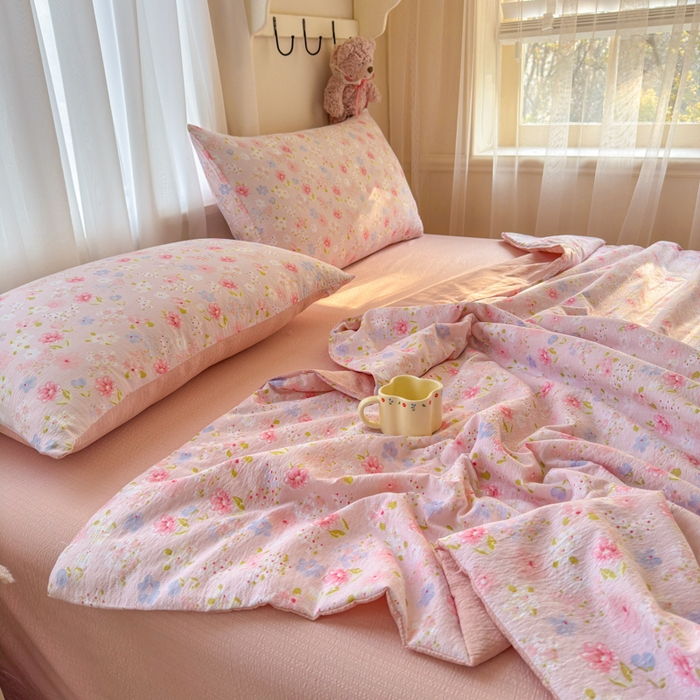 91家纺网 家纺一手货源 找家纺 梵希雅 2026新款A类木棉皱皱纱夏被 樱粉星野