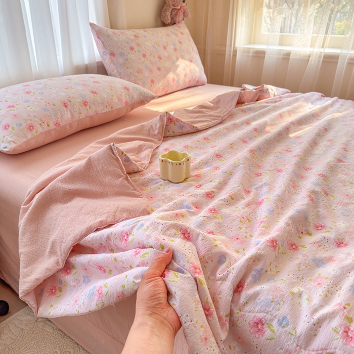 91家纺网 家纺一手货源 找家纺 梵希雅 2026新款A类木棉皱皱纱夏被 樱粉星野