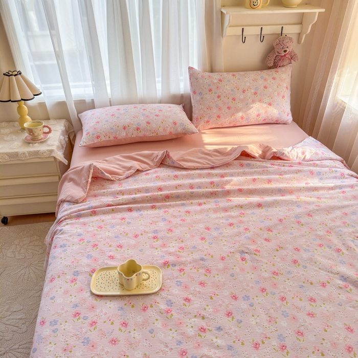 91家纺网 家纺一手货源 找家纺 梵希雅 2026新款A类木棉皱皱纱夏被 樱粉星野