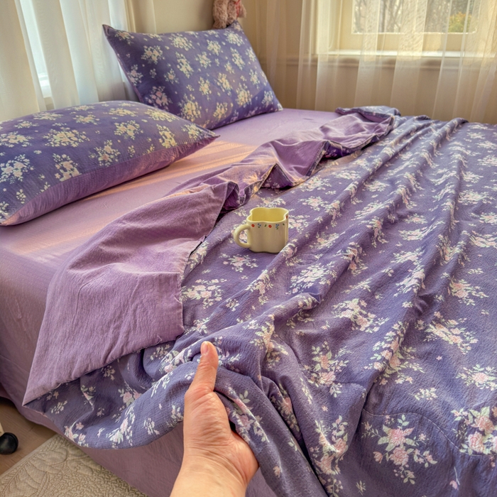 91家纺网 家纺一手货源 找家纺 梵希雅 2026新款A类木棉皱皱纱夏被 紫雾花野