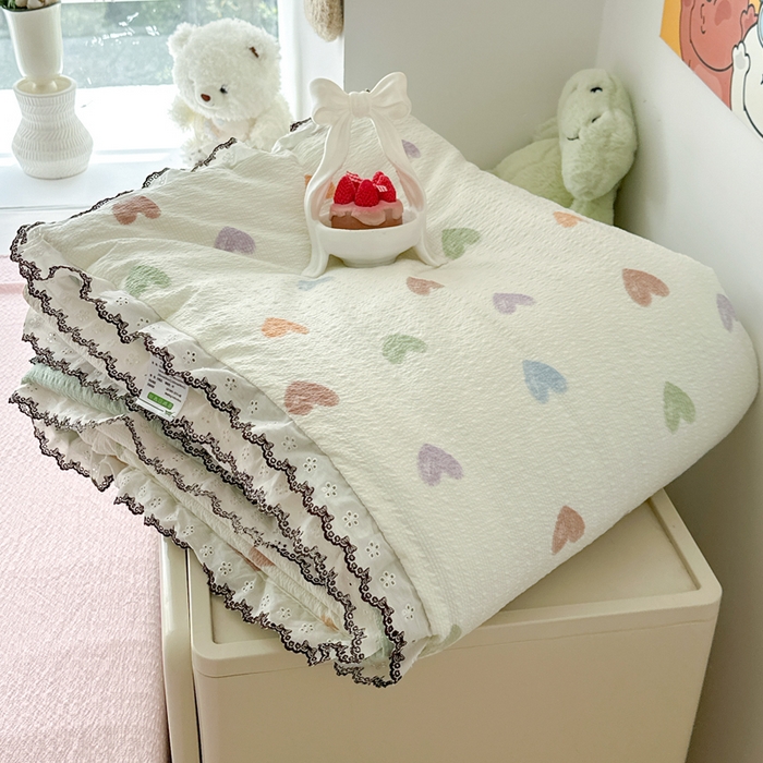 91家纺网 家纺一手货源 找家纺 （总）桔禾家纺 2026新款高克重小清新可爱风泡芙棉全棉镂空花边款夏被四件套夏凉被空调被四件套