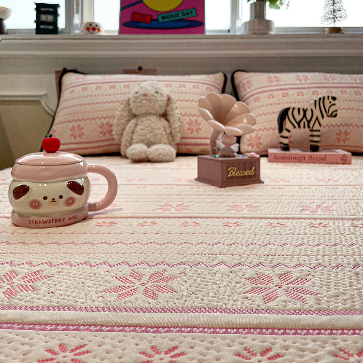 91家纺网 家纺一手货源 找家纺 山茶家居-原创设计（原山茶家纺） 2026新款A类pe提花华夫格凉感席凉席席子-费尔岛系列 费尔岛-粉