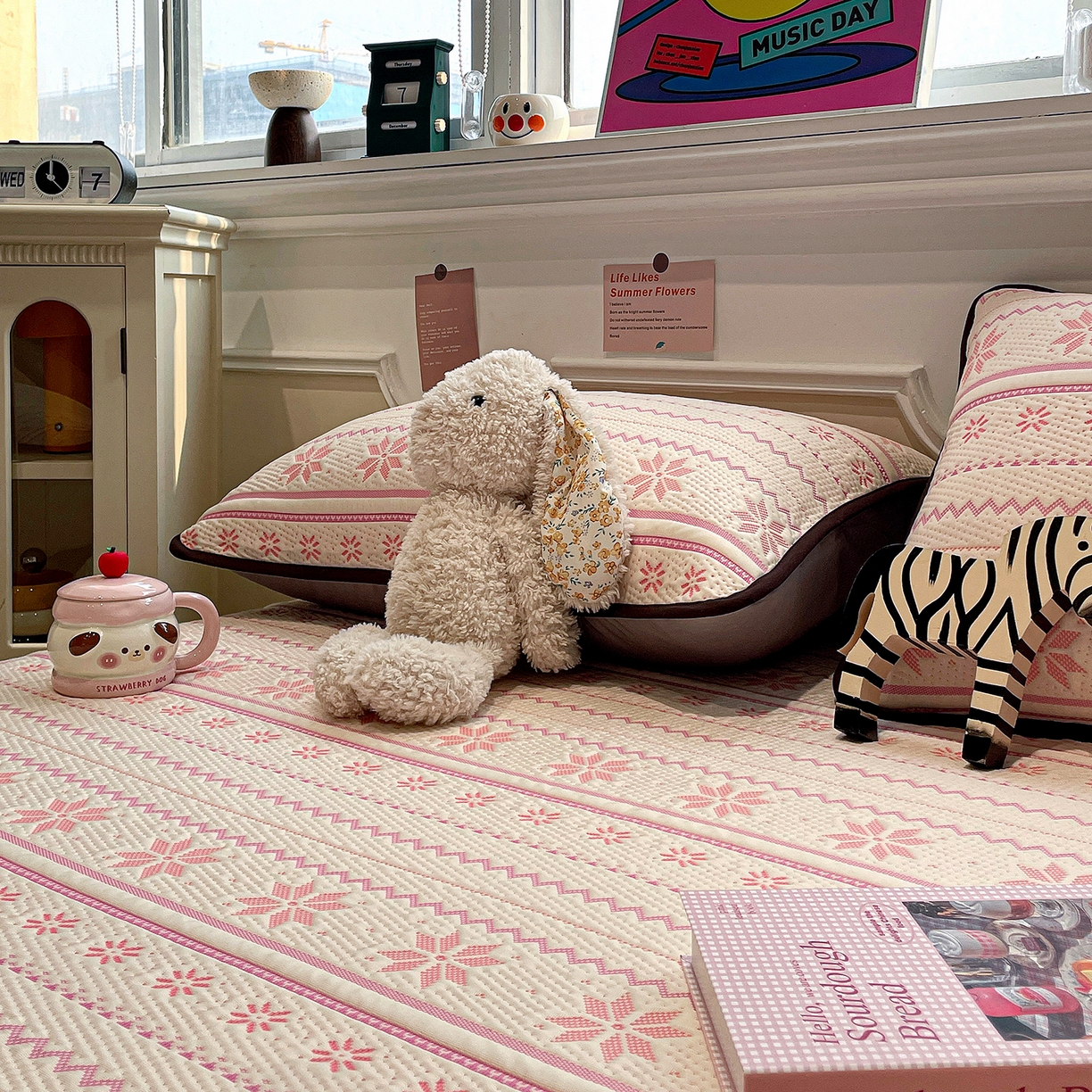 91家纺网 家纺一手货源 找家纺 山茶家居-原创设计（原山茶家纺） 2026新款A类pe提花华夫格凉感席凉席席子-费尔岛系列 费尔岛-粉