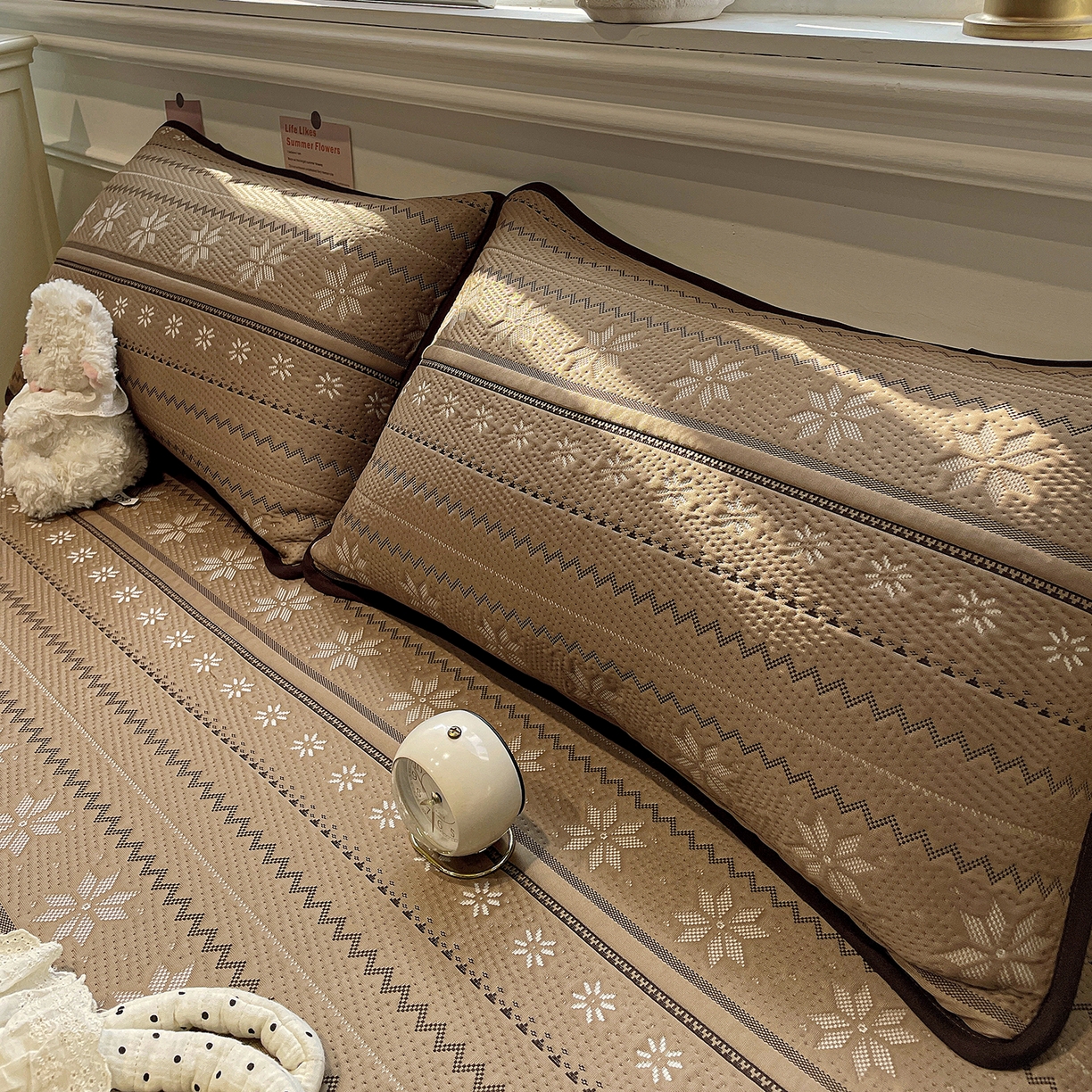 91家纺网 家纺一手货源 找家纺 山茶家居-原创设计（原山茶家纺） 2026新款A类pe提花华夫格凉感席凉席席子-费尔岛系列 费尔岛-深咖