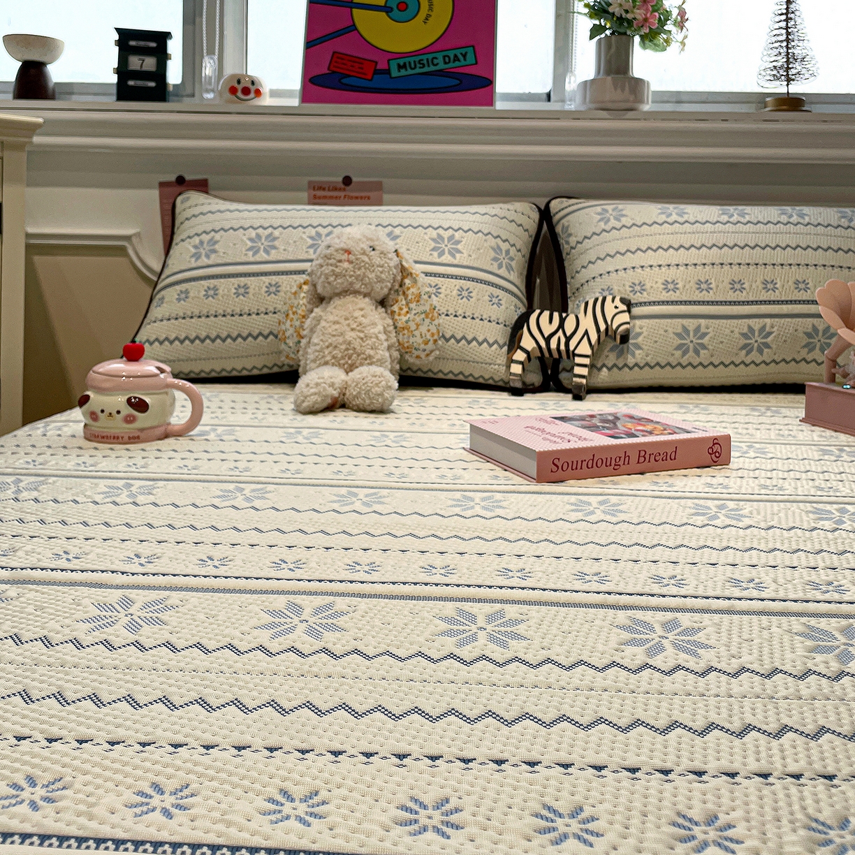 91家纺网 家纺一手货源 找家纺 山茶家居-原创设计（原山茶家纺） 2026新款A类pe提花华夫格凉感席凉席席子-费尔岛系列 费尔岛-蓝