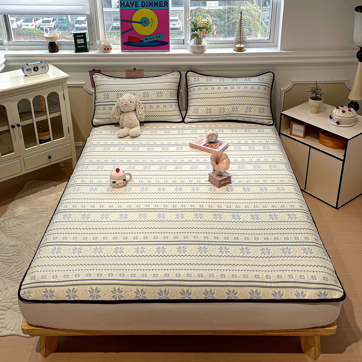 91家纺网 家纺一手货源 找家纺 山茶家居-原创设计（原山茶家纺） 2026新款A类pe提花华夫格凉感席凉席席子-费尔岛系列 费尔岛-蓝