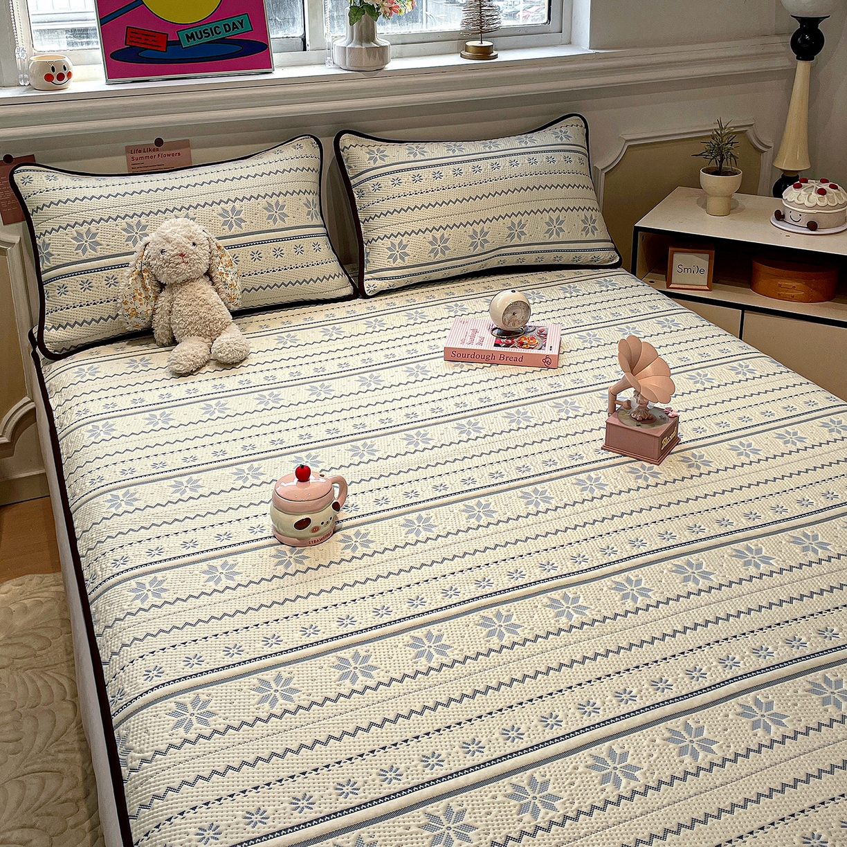 山茶家居-原创设计（原山茶家纺） 2026新款A类pe提花华夫格凉感席凉席席子-费尔岛系列 费尔岛-蓝