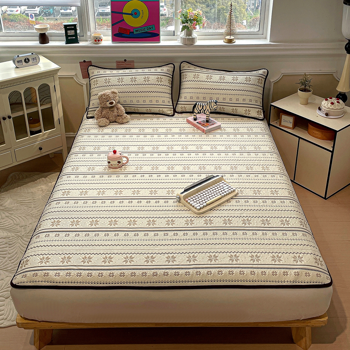 91家纺网 家纺一手货源 找家纺 山茶家居-原创设计（原山茶家纺） 2026新款A类pe提花华夫格凉感席凉席席子-费尔岛系列 费尔岛-米咖