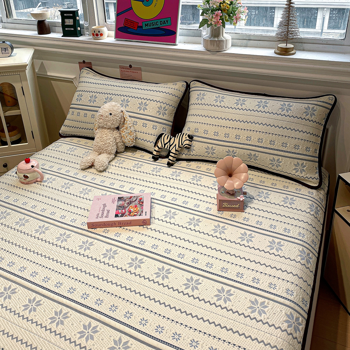 91家纺网 家纺一手货源 找家纺 山茶家居-原创设计（原山茶家纺） 2026新款A类pe提花华夫格凉感席凉席席子-费尔岛系列 费尔岛-蓝