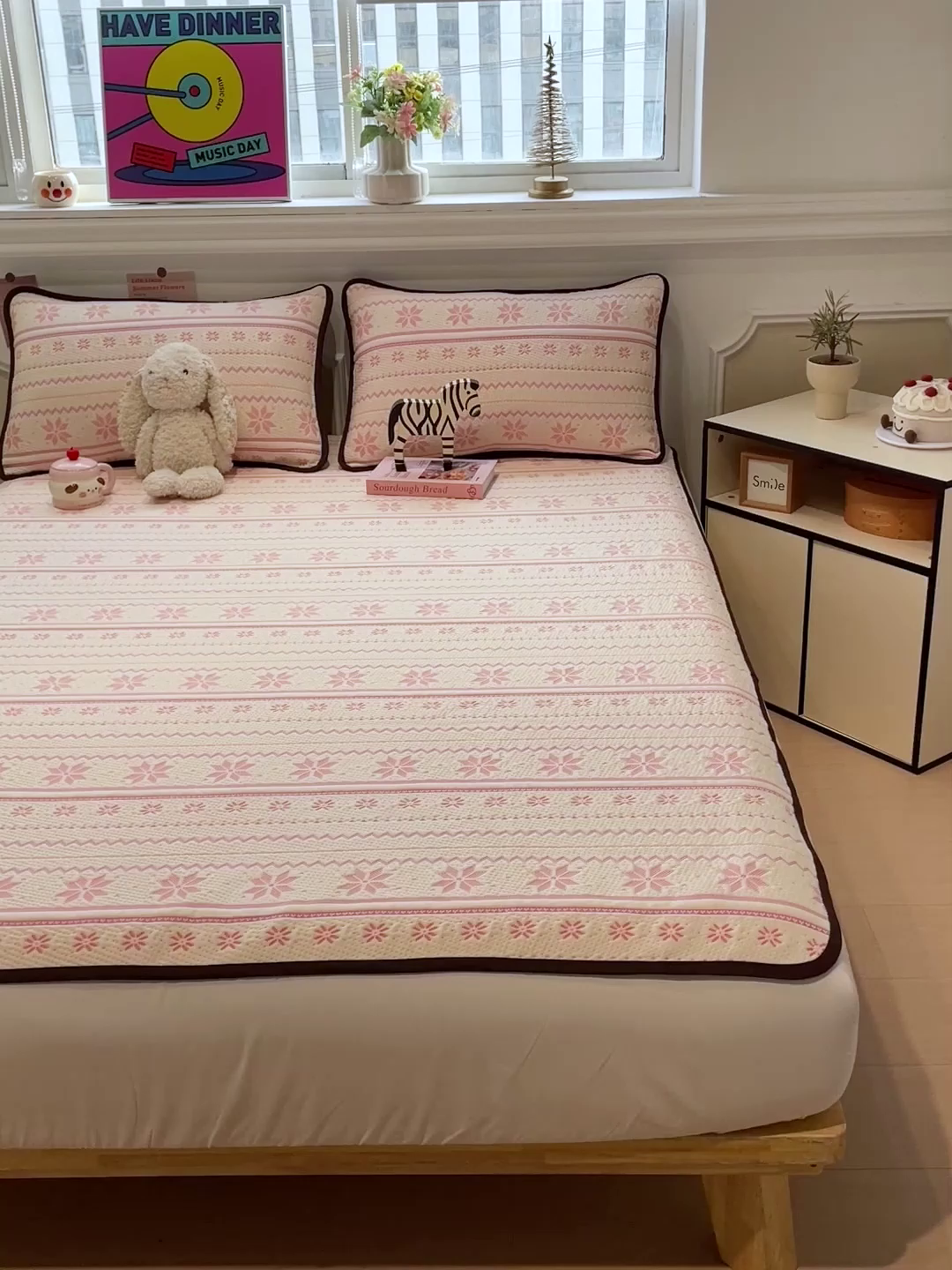 91家纺网 家纺一手货源 找家纺 山茶家居-原创设计（原山茶家纺） 2026新款A类pe提花华夫格凉感席凉席席子-费尔岛系列 费尔岛-粉