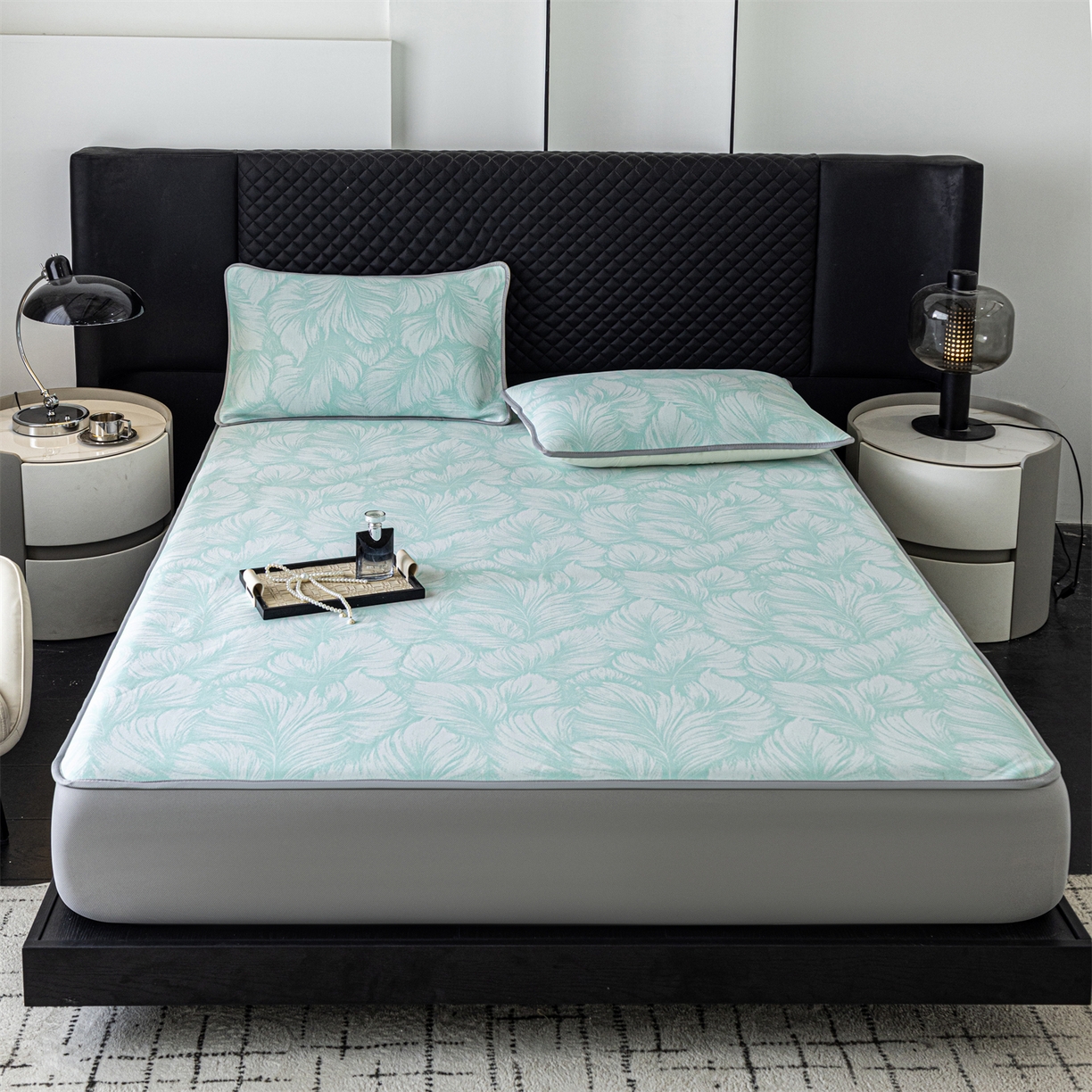 91家纺网 家纺一手货源 找家纺 赛丽雅 2026新款A类450克PE提花复合三明治床笠款凉感面料凉席防滑全包床罩 羽纹-绿