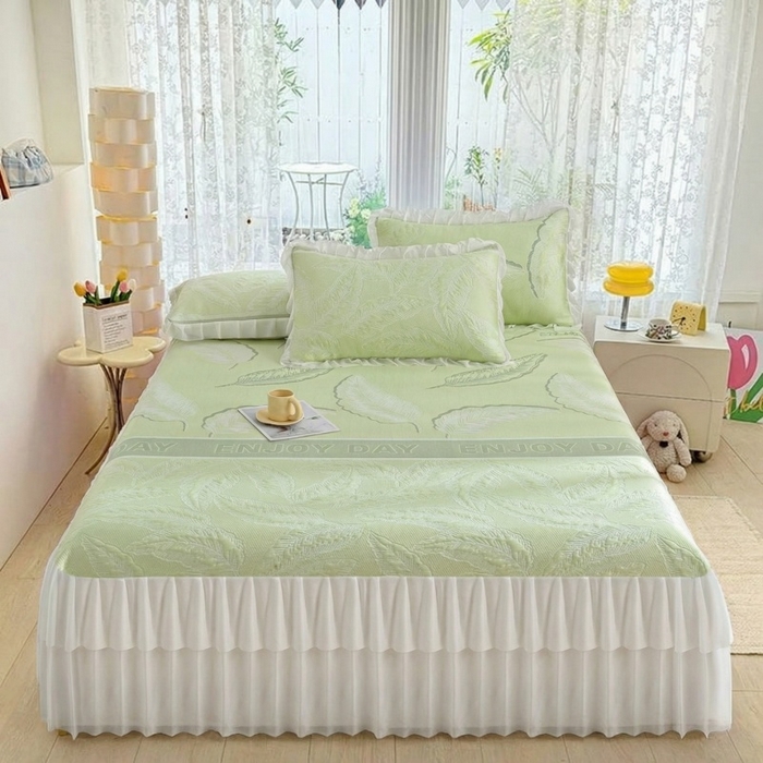 91家纺网 家纺一手货源 找家纺 德比尔斯  2026新款A类凉感凉豆豆床裙款凉席-芭蕉叶 芭蕉叶-绿