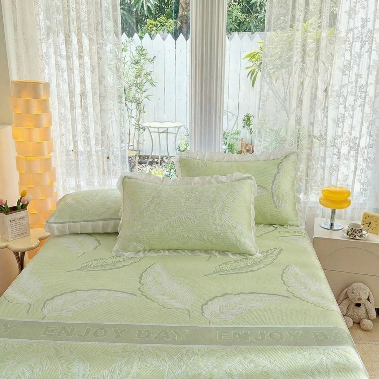 91家纺网 家纺一手货源 找家纺 德比尔斯  2026新款A类凉感凉豆豆床裙款凉席-芭蕉叶 芭蕉叶-绿